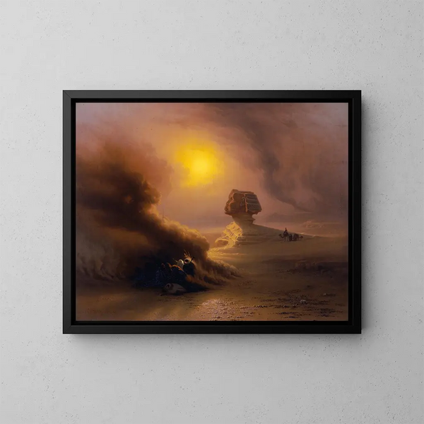 En överraskande karavan av sandstorm framför Sphinxen - Johann Jakob Frey — inramlat konstverk på väggen