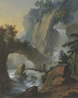 Johann Jakob Schillinger - Steg ber einen Wasserfall darber ein Felsentor.webp