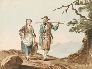 ett par i kostymer vid sjön Morat - Johann Karl Müllner — vy av konstverket