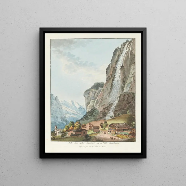 vattenfallet kallat Staubbach i Lauterbrunnen-dalen - Johann Ludwig Aberli — inramlat konstverk på väggen