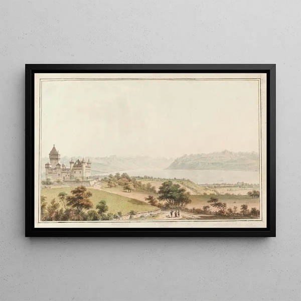 Vue de Vufflens-le-Château - Johann Ludwig Aberli — inramlat konstverk på väggen
