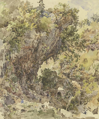 Johann Nepomuk Rauch - Gebirgslandschaft mit einer Brcke und vielen Figuren links eine groartige Felspartie.webp