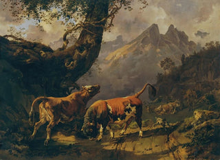 Johann Nepomuk Rauch - Stier eine Kuh verfolgend im Hintergrund Landschaft bei Carrara.webp