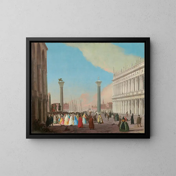 Venise, Piazzetta sett från söder från basilikan Saint-Marc med biblioteket och en folkmassa samlad för att bevittna en föreställning av Commedia dell'arte - Johann Richter — inramlat konstverk på väggen