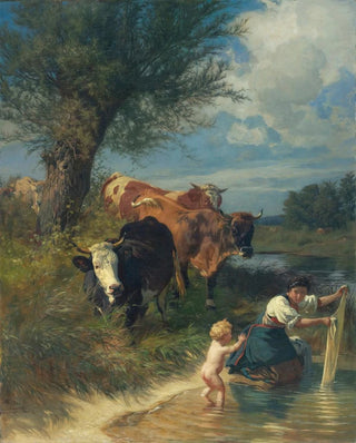 Johann Rudolf Koller - Cows And Washerwoman Near A Brook.webp