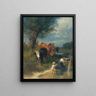 Johann Rudolf Koller - Cows And Washerwoman Near A Brook.webp
