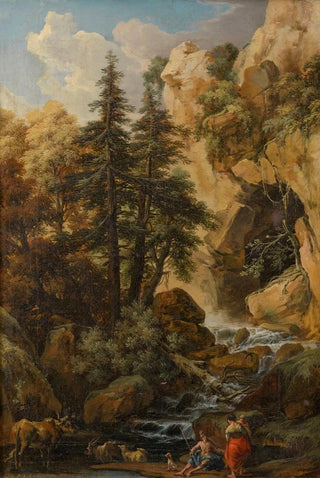 Johann Samuel Htzendorf - Waldlandschaft mit Felsenhhle Wildbach und Staffage.webp