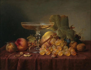 naturtavla med ett glas champagne och frukt på ett damasttyg - Johann Wilhelm Preyer — vy av konstverket