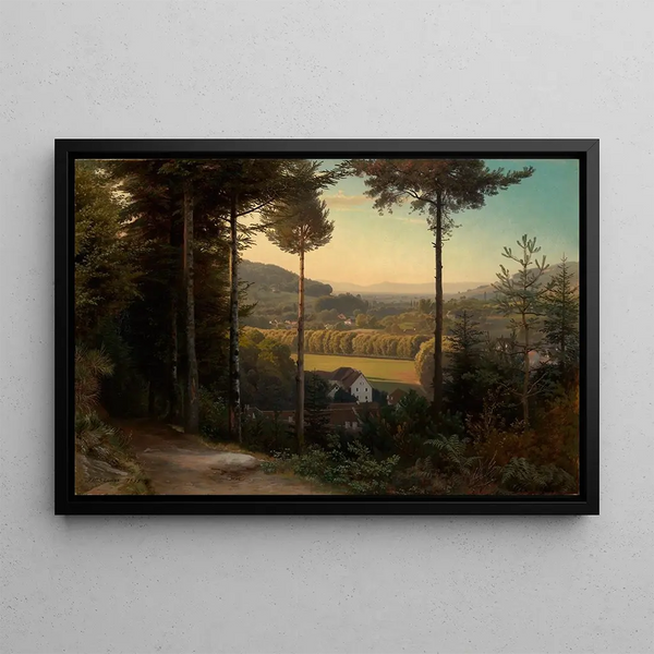La vallée de l'Oos med utsikt över Rhen-slätten och Vosges på kvällen - Johann Wilhelm Schirmer — inramlat konstverk på väggen