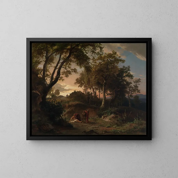 Le soir, le sauvetage du voyageur blessé par le bon Samaritain - Johann Wilhelm Schirmer — inramlat konstverk på väggen
