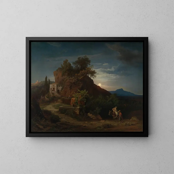 La nuit. L'arrivée du Samaritain avec le blessé à l'auberge - Johann Wilhelm Schirmer — inramlat konstverk på väggen