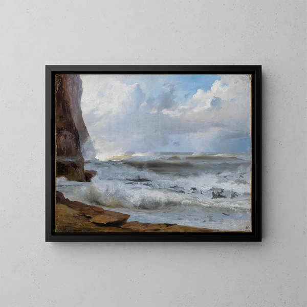 Studie av havet i Étretat med klippor till vänster - Johann Wilhelm Schirmer — inramlat konstverk på väggen