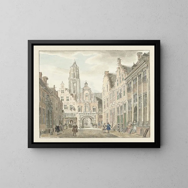 Rue Nieuwstraat i Utrecht med utsikt över Domtoren - Johanna de Bruyn — inramlat konstverk på väggen