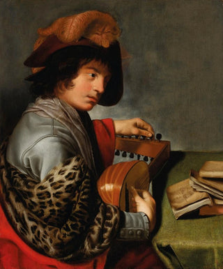Johannes Baeck - A man in a plumed hat and fur stole tuning a lute before a table with books.webp