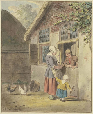 Johannes Christiaan Janson - An einer Haustr spricht ein Mann mit einer Frau die von einem Kind an der Schrze gehalten wird.webp