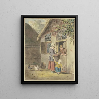 Johannes Christiaan Janson - An einer Haustr spricht ein Mann mit einer Frau die von einem Kind an der Schrze gehalten wird.webp