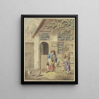 Johannes Christiaan Janson - Vor einer Haustr sitzt ein Bauer mit zwei Kindern dabei zwei Hhner.webp
