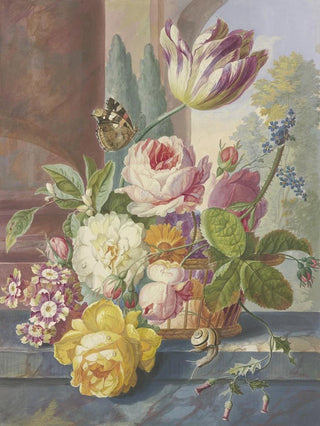 Johannes Christiaan Roedig - Ein Blumenstrau in einem Korb auf einer Tulpe ein Schmetterling vorne eine Schnecke.webp