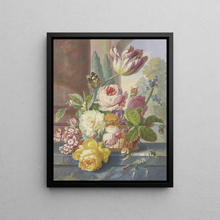 Johannes Christiaan Roedig - Ein Blumenstrau in einem Korb auf einer Tulpe ein Schmetterling vorne eine Schnecke.webp