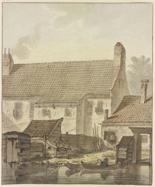 Johannes Hendrik Knoop - Huserzeile am Wasser vorne zwei Khne mit einem Angler.webp