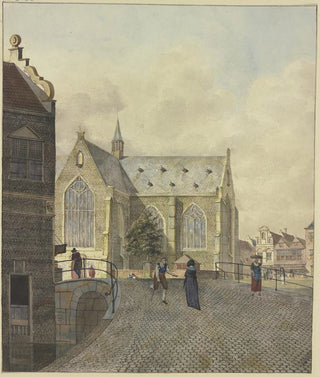 Johannes Huibert Prins - Kirche bei einer Brcke ein lahmer Bettler bei einer Dame.webp