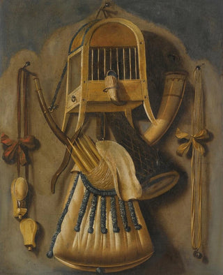 Johannes Leemans - A Trompe Loeil Still Life With A Bird Cage A Hunting Horn A Bird Whistle And Other Hunting Implements Hanging On A Wall.webp