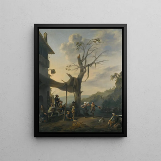 Johannes Lingelbach - Peasants Dancing The Tarantella Outside An Inn In A Hilly Italianate Landscape.webp