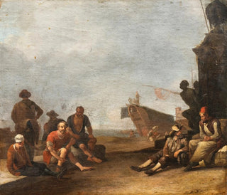 Vue sur un port du sud avec des marchands et des prisonniers, un navire et la statue de Ferdinand Ier de Médicis à Livourne - Johannes Lingelbach — vy av konstverket