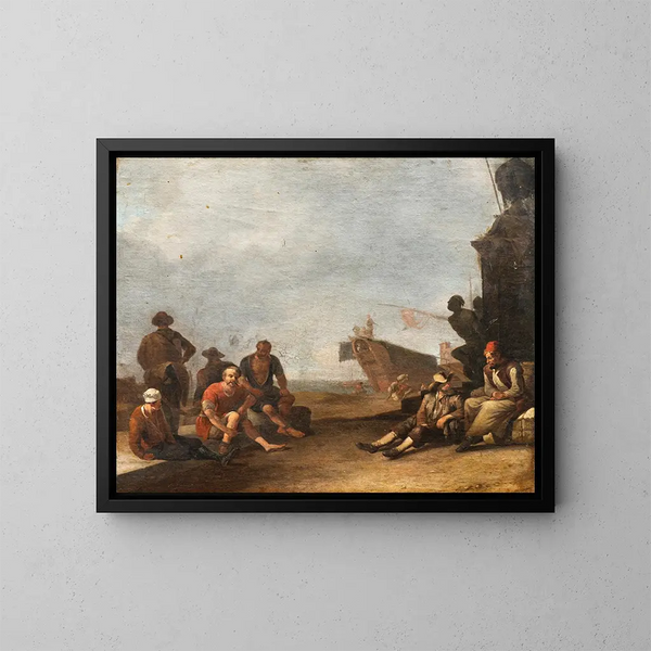 Vue sur un port du sud avec des marchands et des prisonniers, un navire et la statue de Ferdinand Ier de Médicis à Livourne - Johannes Lingelbach — inramlat konstverk på väggen