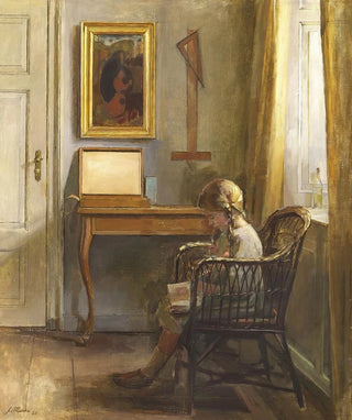 Johannes Ottesen - Interir med lsende pige ved vindue.webp