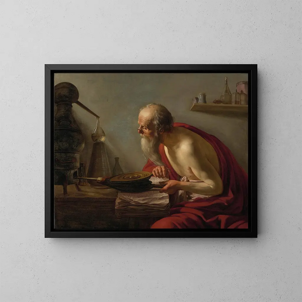 En gammal alkemist i sitt studie - Johannes Paulus Moreelse — inramlat konstverk på väggen