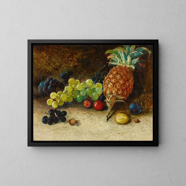Naturstilleben med ananas, druvor, nötter och plommon - John Atkinson Grimshaw — inramlat konstverk på väggen