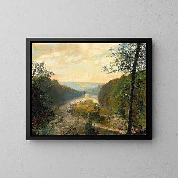 La vallée de Wharfe avec la tour de Barden au-delà - John Atkinson Grimshaw — inramlat konstverk på väggen