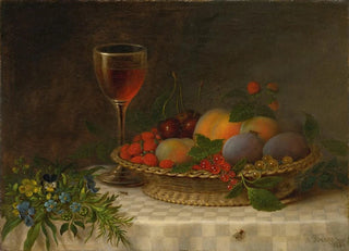 John Beigel - Still Life With A Basket Of Fruit A Glass Of Sherry And A Bouquet Of Flowers.webp