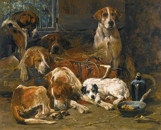 John Emms - New Forest Buckhounds And A Terrier In Their Lodges After The Hunt.webp