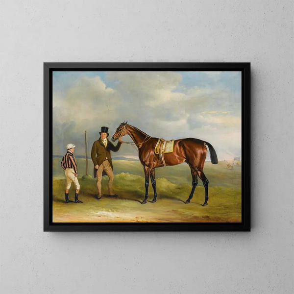 Le chœur du marquis de Cleveland, vainqueur du St Leger de 1831, tenu par son entraîneur John Smith avec le jockey John Bartham, jour à Doncaster - John Ferneley — inramlat konstverk på väggen
