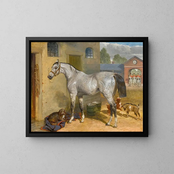 En av Scots Greys i en gård med en hund och getter - John Frederick Herring den äldre — inramlat konstverk på väggen