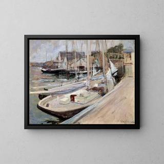 Båtar för fiske i Gloucester - John Henry Twachtman — inramlat konstverk på väggen