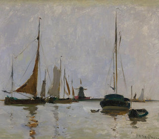 lugn hamn i Nederländerna - John Henry Twachtman — vy av konstverket