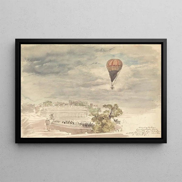 Ascension de ballon depuis Burlington House, Piccadilly, depuis la fenêtre chez M. B. Palmer - John Linnell — inramlat konstverk på väggen