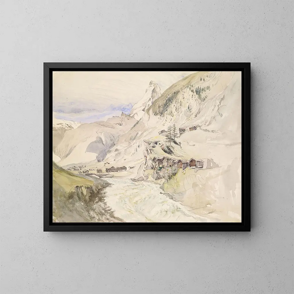 En alpinsk dal med Matterhorn i fjärran - John Ruskin — inramlat konstverk på väggen