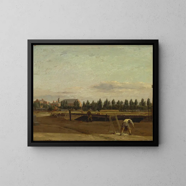 Excavation du canal des Régents avec vue sur la chapelle de Marylebone - John Seguier — inramlat konstverk på väggen