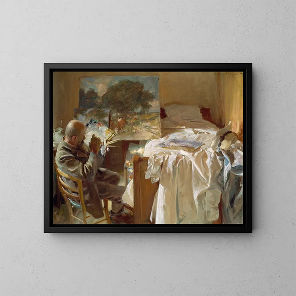 En konstnär i sitt ateljé - John Singer Sargent — inramlat konstverk på väggen
