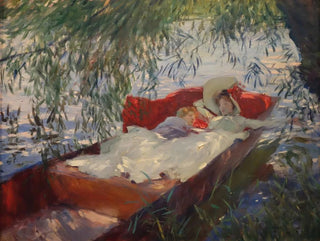 dam och barn som sover i en båt under vide - John Singer Sargent — vy av konstverket