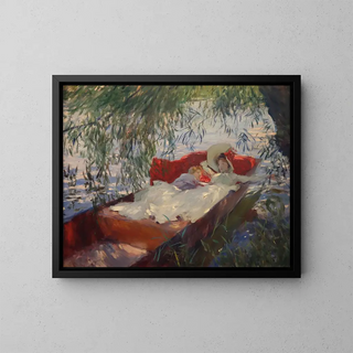 dam och barn som sover i en båt under vide - John Singer Sargent — inramlat konstverk på väggen
