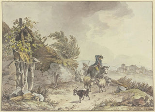 John Webber - On the path next to a dilapidated hut with a thatched roof a shepherd on horseback and a farmers wife with sheep and goats.webp