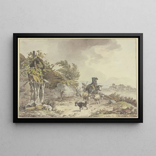 John Webber - On the path next to a dilapidated hut with a thatched roof a shepherd on horseback and a farmers wife with sheep and goats.webp