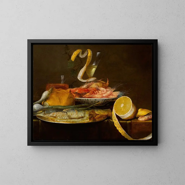 still life på bord med en sill på ett tennfat, en porslinskål med räkor, ett vinglas och en delvis skalad citron - Joris van Son — inramlat konstverk på väggen