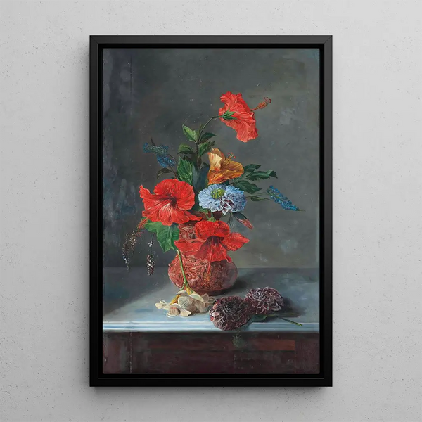 Jos Mara Bracho Murillo - Hibiscus Freesias Dahlias and Bluebells on a marble topped sideboard.webp