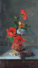 Hibiscus, freesia, dahlia och jasmín på ett marmorbord - José María Bracho Murillo — vy av konstverket